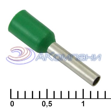 Наконечник на кабель втулочный (трубчатый) изолированный RUICHI DN01008, 18 AWG, 1 мм2, длина 14 мм, контакт луженая медь, изолятор винил/нейлон, цвет зеленый