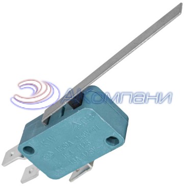 Микропереключатель с прямой планкой RUICHI KW3-02-04, 15.9х10.3х22.2 мм, вынос планки 59.4 мм, ON-(ON), SPDT 3P, 250 В, 5 А, 30 мОм, -25...+85 °C