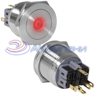 Кнопка антивандальная RUICHI GQ25PF-11D/R/N, ON-(OFF)+OFF-(ON), рабочая температура -25…+55 °C, никелированная латунь