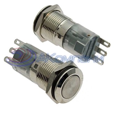 Кнопка антивандальная без подсветки RUICHI LAS2GQF-11Z/N, ON-ON, IP65, 3 контакта, 250 В, 3 А, 50 мОм, никелированная латунь