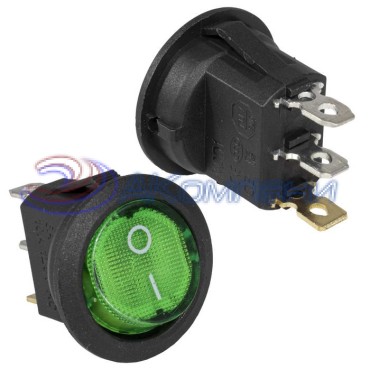 Клавишный переключатель с подсветкой RUICHI KCD1-101N-8-C3-G/3P, ON-OFF, SPST, 3 контакта, 2 А, 250 В, 35 мОм, корпус черный, клавиша зеленая