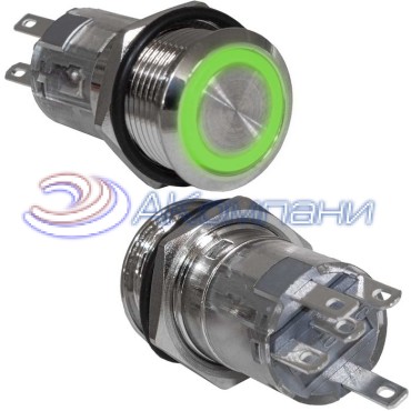 Кнопка антивандальная с подсветкой RUICHI LAS2GQF-11E/G/N, ON-(ON) без фиксации, М16, подсветка 12 В, 250 В, 3 А, 50 мОм, -25...+55 °C, корпус никелированная латунь, индикатор кольцевой, цвет индикатора зеленый