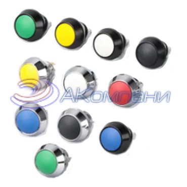 Кнопка антивандальная без подсветки RUICHI GQ12B-10/J/B/B/N, 1NO, ОFF-(ON) без фиксации, пос. диаметр 12 мм, контакты 2Pin, 2 А, 50 мОм, -20...+55 °C, корпус пластиковый черный, кнопка черная