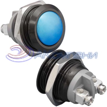 Кнопка антивандальная без подсветки RUICHI GQ16B-10/B/Bl/N, 1NO, ОFF-(ON) без фиксации, пос. диаметр 16 мм, контакты 2S, 2 А, 50 мОм, -20...+55 °C, корпус пластиковый черный, кнопка синяя