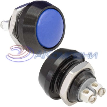 Кнопка антивандальная без подсветки RUICHI GQ12B-10/B/Bl/N, 1NO, ОFF-(ON) без фиксации, пос. диаметр 12 мм, контакты 2S, 2 А, 50 мОм, -20...+55 °C, корпус пластиковый черный, кнопка синяя
