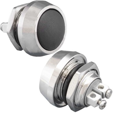 Кнопка антивандальная без подсветки RUICHI GQ12B-10/B/N, 1NO, ОFF-(ON) без фиксации, пос. диаметр 12 мм, контакты 2S, 2 А, 50 мОм, -20...+55 °C, корпус никелированная латунь, кнопка черная
