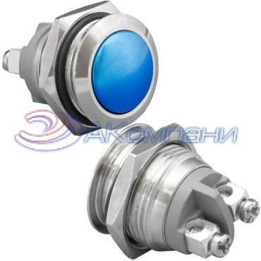 Кнопка антивандальная без подсветки RUICHI GQ16B-10/Bl/N, 1NO, ОFF-(ON) без фиксации, пос. диаметр 16 мм, контакты 2S, 2 А, 50 мОм, -20...+55 °C, корпус никелированная латунь, кнопка синяя