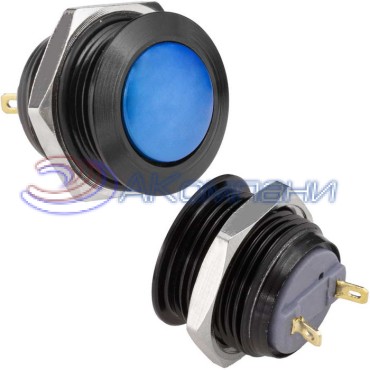 Кнопка антивандальная без подсветки RUICHI GQ16B-10/J/B/Bl/N, 1NO, ОFF-(ON) без фиксации, пос. диаметр 16 мм, контакты 2Pin, 2 А, 50 мОм, -20...+55 °C, корпус пластиковый черный, кнопка синяя
