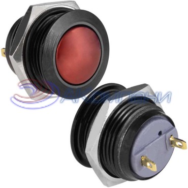 Кнопка антивандальная без подсветки RUICHI GQ16B-10/J/B/R/N, 1NO, ОFF-(ON) без фиксации, пос. диаметр 16 мм, контакты 2Pin, 2 А, 50 мОм, -20...+55 °C, корпус пластиковый черный, кнопка красная