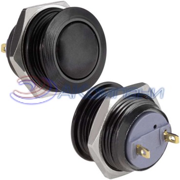 Кнопка антивандальная без подсветки RUICHI GQ16B-10/J/B/B/N, 1NO, ОFF-(ON) без фиксации, пос. диаметр 16 мм, контакты 2Pin, 2 А, 50 мОм, -20...+55 °C, корпус пластиковый черный, кнопка черная