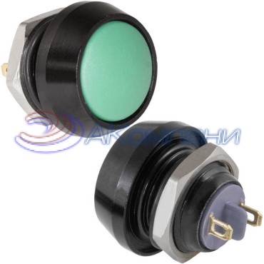 Кнопка антивандальная без подсветки RUICHI GQ12B-10/J/B/G/N, 1NO, ОFF-(ON) без фиксации, пос. диаметр 12 мм, контакты 2Pin, 2 А, 50 мОм, -20...+55 °C, корпус пластиковый черный, кнопка зеленая