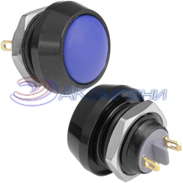 Кнопка антивандальная без подсветки RUICHI GQ12B-10/J/B/Bl/N, 1NO, ОFF-(ON) без фиксации, пос. диаметр 12 мм, контакты 2Pin, 2 А, 50 мОм, -20...+55 °C, корпус пластиковый черный, кнопка синяя