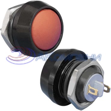 Кнопка антивандальная без подсветки RUICHI GQ12B-10/J/B/R/N, 1NO, ОFF-(ON) без фиксации, пос. диаметр 12 мм, контакты 2Pin, 2 А, 50 мОм, -20...+55 °C, корпус пластиковый черный, кнопка красная