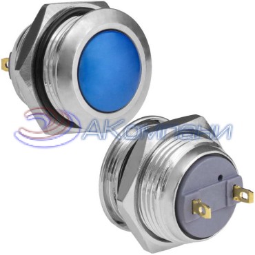 Кнопка антивандальная без подсветки RUICHI GQ16B-10/J/Bl/N, 1NO, ОFF-(ON) без фиксации, пос. диаметр 16 мм, контакты 2Pin, 2 А, 50 мОм, -20...+55 °C, корпус никелированная латунь, кнопка синяя