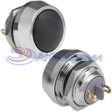 Кнопка антивандальная без подсветки RUICHI GQ12B-10/J/Bl/N, 1NO, ОFF-(ON) без фиксации, пос. диаметр 12 мм, контакты 2Pin, 2 А, 50 мОм, -20...+55 °C, корпус никелированная латунь, кнопка синяя