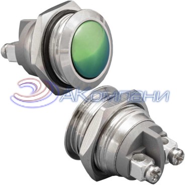 Кнопка антивандальная без подсветки RUICHI GQ16B-10/G/N, 1NO, ОFF-(ON) без фиксации, пос. диаметр 16 мм, контакты 2S, 2 А, 50 мОм, -20...+55 °C, корпус никелированная латунь, кнопка зеленая