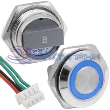 Кнопка антивандальная с подсветкой RUICHI GQ16TF-4E/B/N, OFF-(ON), рабочая температура      -25…+55 °C, никелированная латунь, короткая, синяя, с разъемом