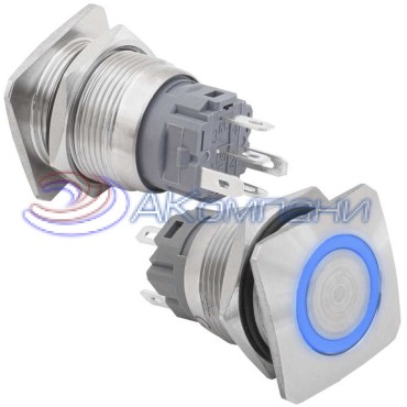 Кнопка антивандальная RUICHI GQ19E-10E/B/N off-(on), рабочая температура -25…+55 °C,       никелированная латунь, синяя, с квадратной фаской