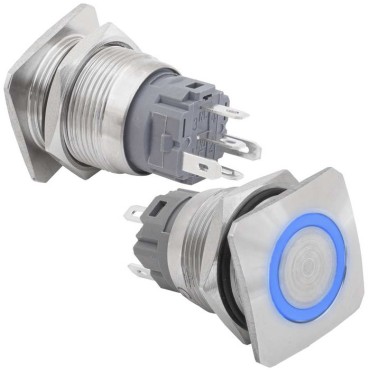 Кнопка антивандальная RUICHI GQ19E-10E/B/N off-(on), рабочая температура -25…+55 °C,       никелированная латунь, синяя, с квадратной фаской