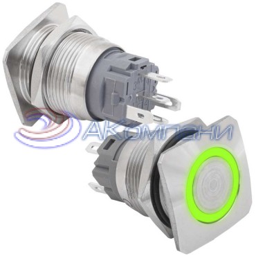 Кнопка антивандальная RUICHI GQ19E-10E/G/N off-(on), рабочая температура -25…+55 °C,       никелированная латунь, зелёная, с квадратной фаской