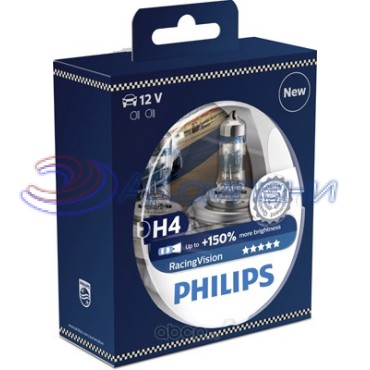 Лампа галогенная Н 4 12v  60/55w +150% яркости RACING VISION 2шт PHILIPS