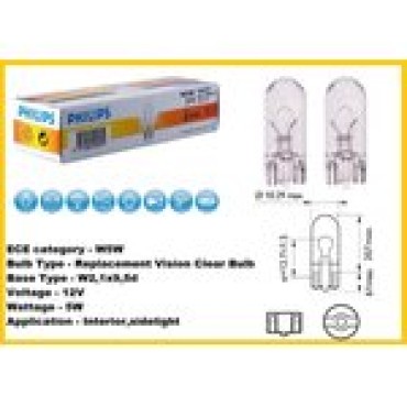 Лампа накаливания W5W (W2.1*9.5d) 12V PHILIPS