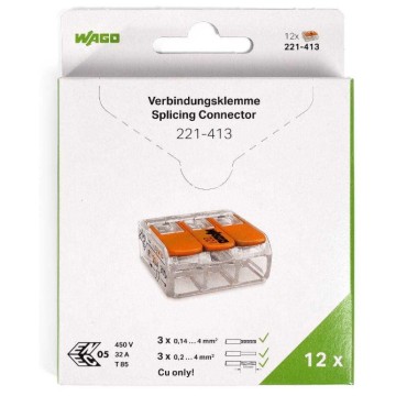 Мини-упаковка компактных рычажковых универсальных клемм «Wago» в блистерах (без контактной пасты) 221–413/996-012 (Wago)