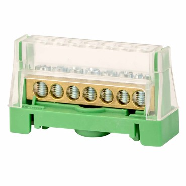 Шина латунная в корпусе на DIN рейку 1 полюс до 63A 9конт. под сеч. 16кв.мм, 2конт. под сеч. 25кв.мм, зеленая